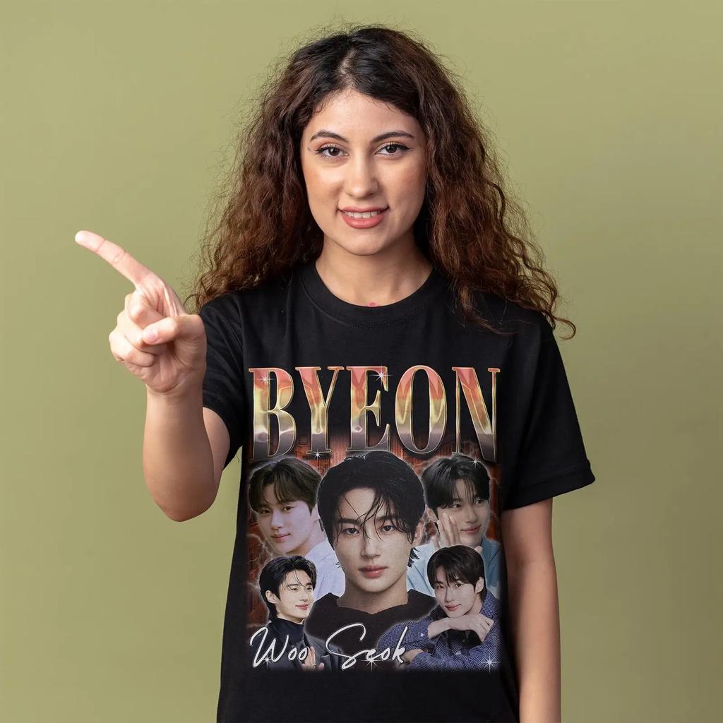 Бён У Сок Kpop Фан-арт Футболка Винтажный Коллажный Принт Винтажный Дышащий Универсальный Слегка Растягивающийся Повседневный