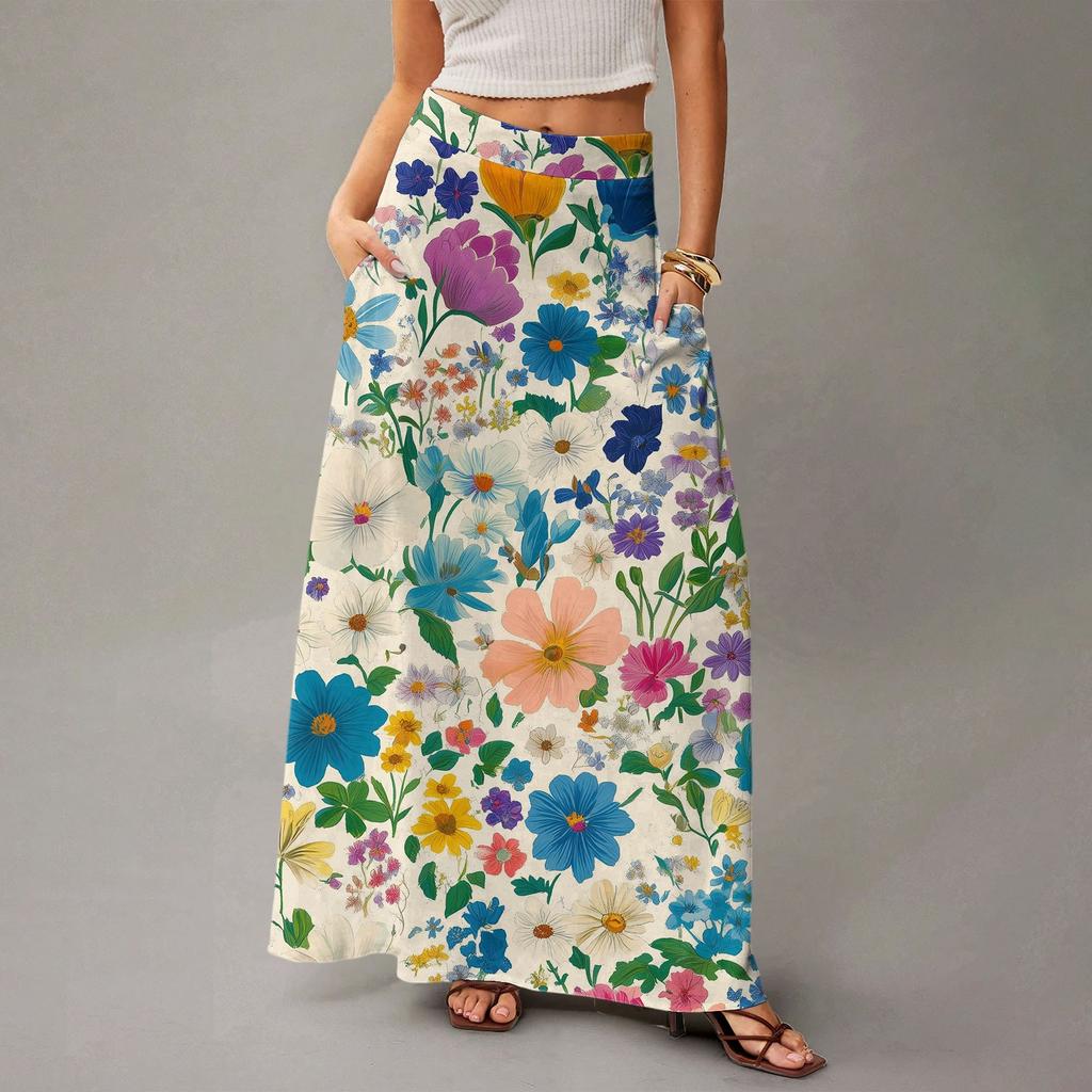 Женская повседневная складная юбка макси с цветочным принтом, высокой талией и карманом, с драпировкой