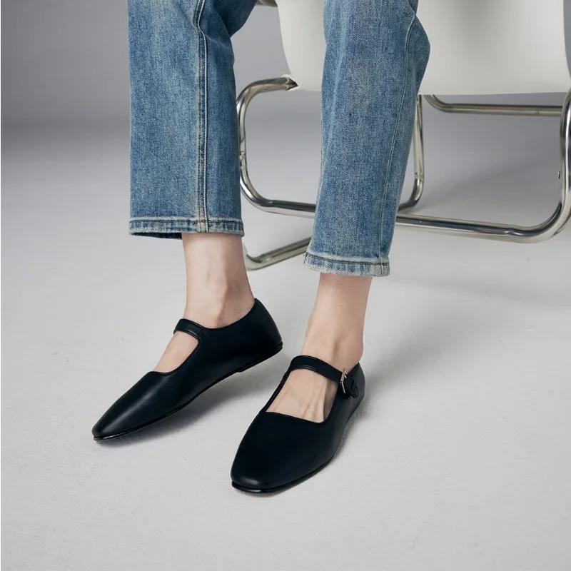 Модные минималистичные кожаные туфли весна/осень для женщин, новые однобортные туфли Мэри Джейн с пряжкой, женские туфли-лодочки на плоской подошве
