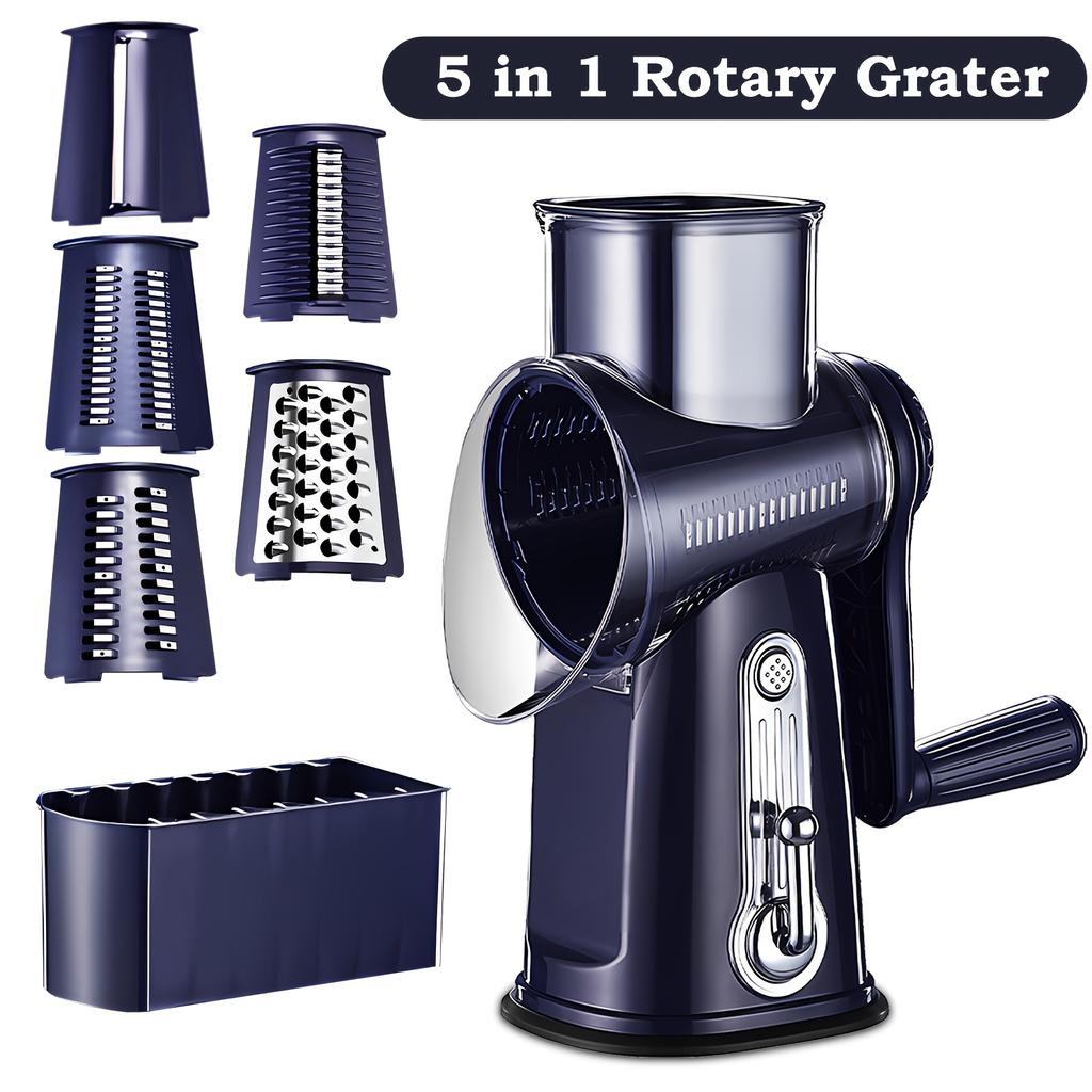 5-in-1 Stainless Steel Vegetable Slicer & Shredder with Strong Suction Cup Base - Includes Cheese Grater, Easy To Use & Store, Ideal Kitchen Gift