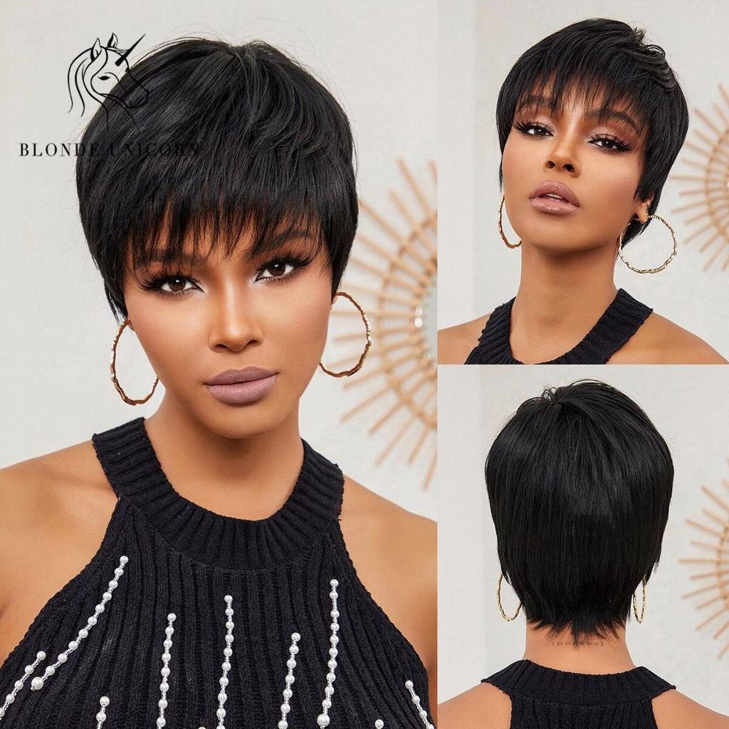 BLONDE UNICORN Парик Blcak, короткий парик боб, синтетические натуральные волосы с стрижкой пикси, парики для повседневного вечернего использования для женщин, термостойкое волокно