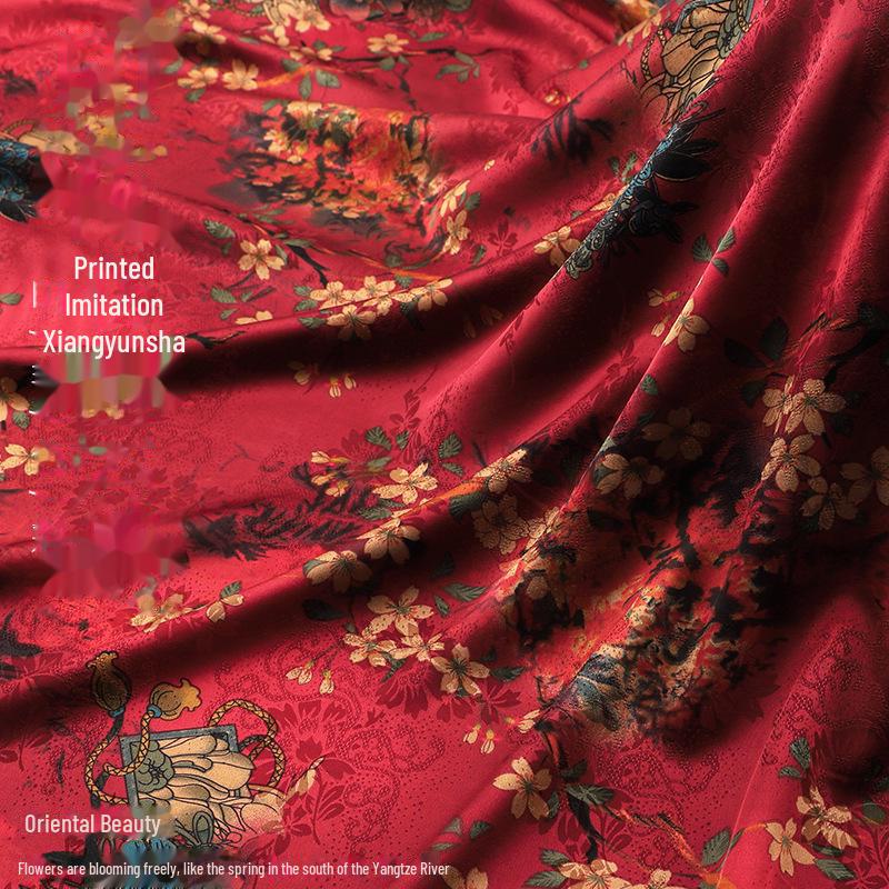 Luxurious Printed Imitation Silk Xiangyun Yarn Cheongsam Dress Fabric, Soft Chinese Tang Suit Fabric