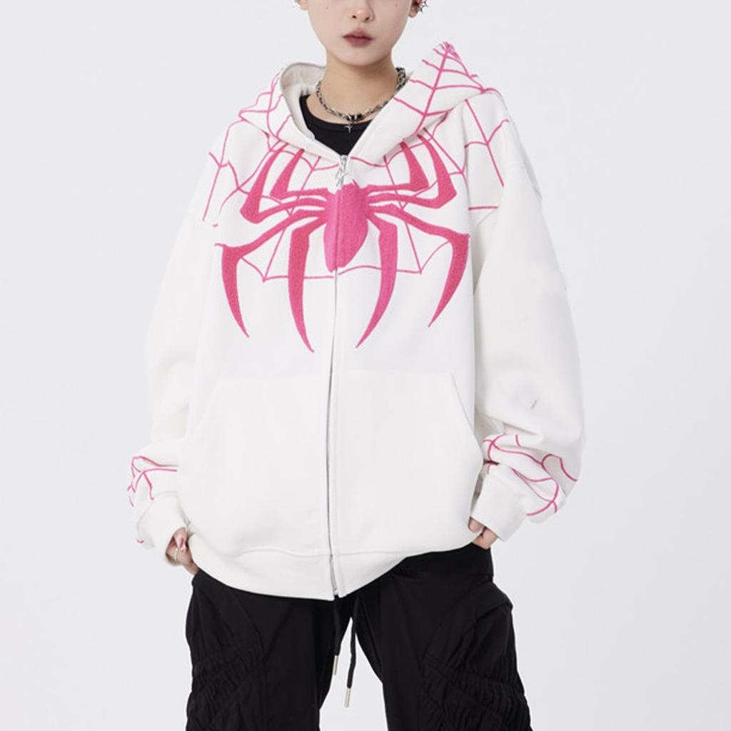 Готическая темная куртка с капюшоном и принтом паука, свободная мужская и женская куртка-свитер с полной цепочкой