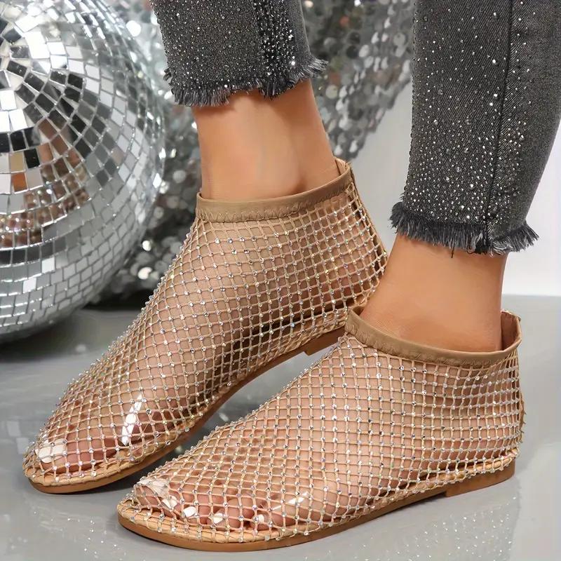 Женские сандалии на плоской подошве со стразами, повседневная обувь с ажурным дизайном, дышащая удобная обувь