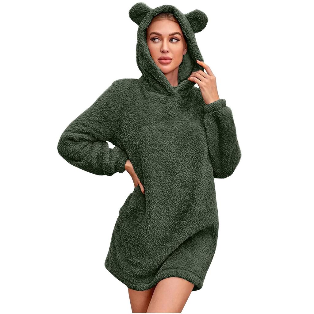Women's Plush Hooded Casual Cute Bear Ears Pajama Dress