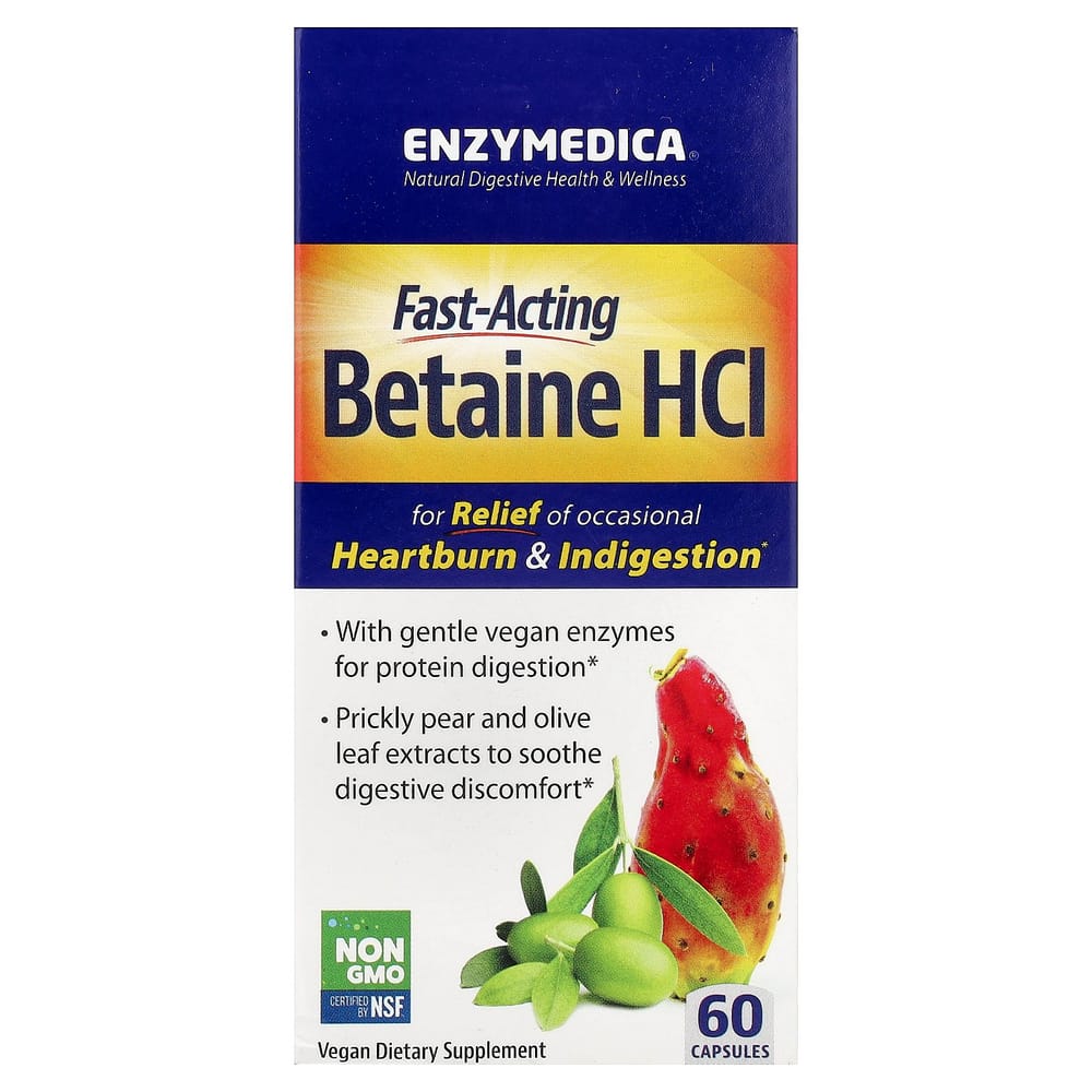 Enzymedica Fast-Acting Betaine HCl Capsules, 60 Count