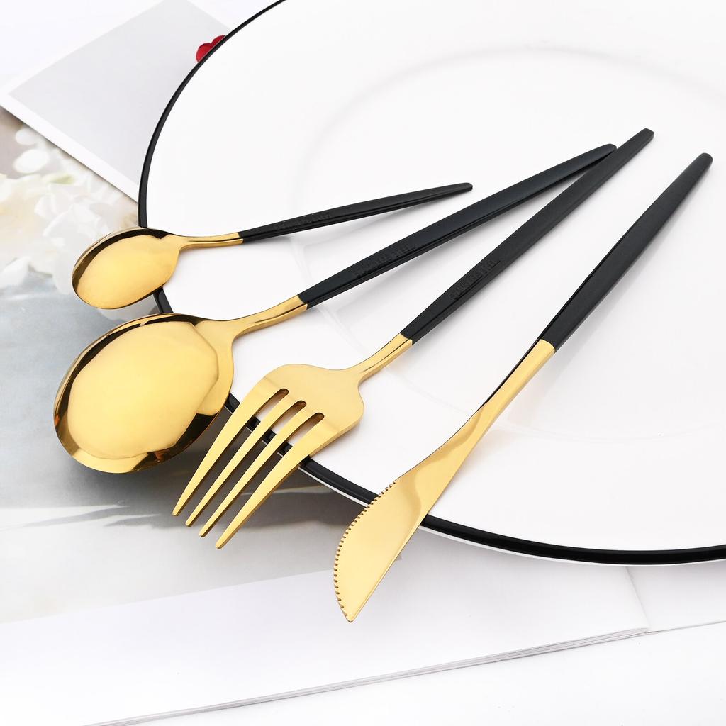 16pcs Upscale Black Gold Complete Dinnerware Set Stainless Steel Tableware Set Knife Fork Coffee Spoon Flatware Set Cutlery Set
