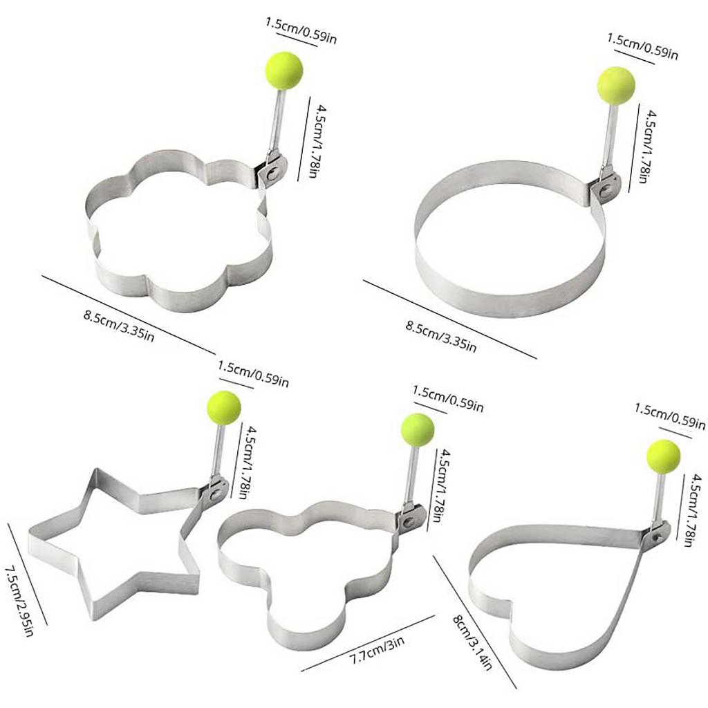 Set of 5 pieces, stainless steel egg molds, silver egg ring molds of different shapes, used for frying eggs, etc