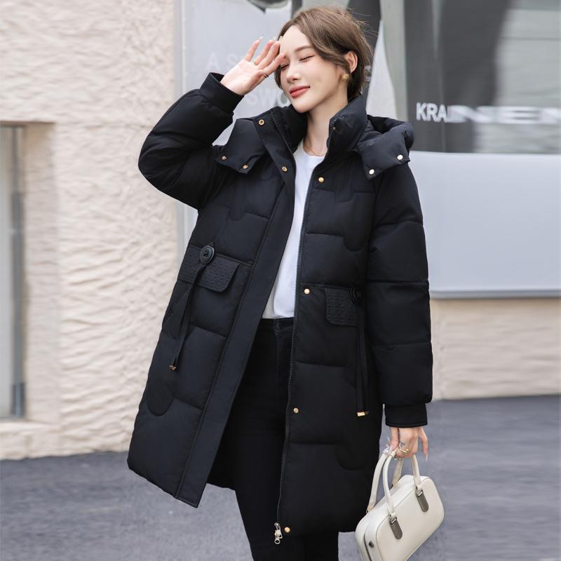 Comfortable and Fashionable Korean Style Plus Size Hooded Long Down Cotton Coat with Large Pockets