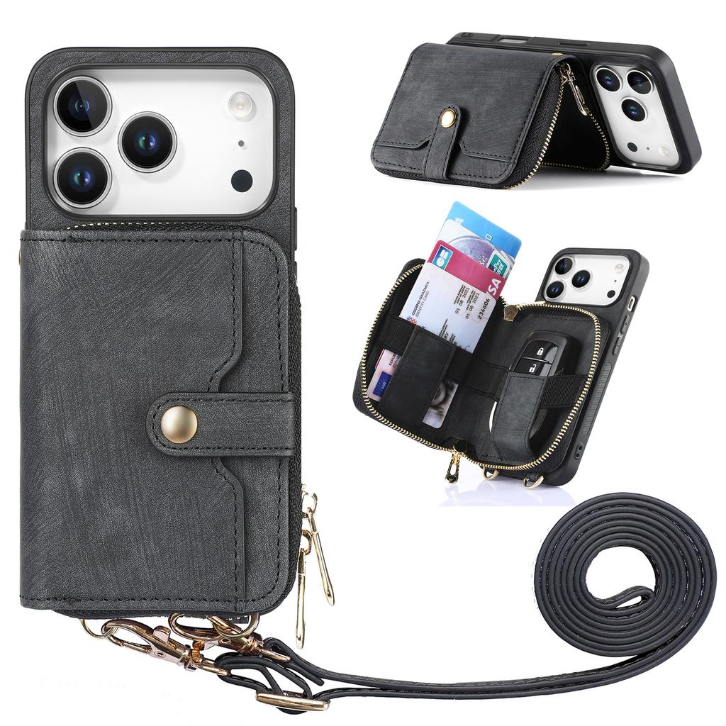 For iPhone 17 Pro PU Leather Phone Back Cover with Zipper Card Holder and Long Strap