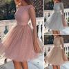 Glitter Starry Tulle Prom Dress for Women Long Sleeve Crew Neck Formal Evening Dress Mesh Cocktail Party Short Dress