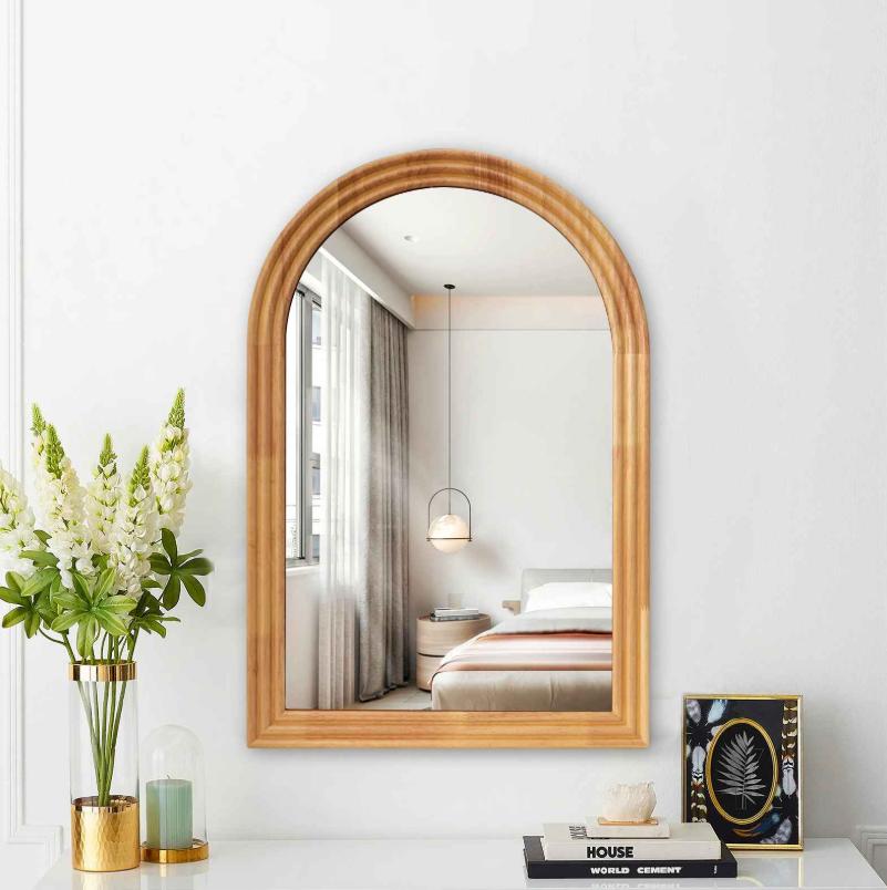 40×60cm Arched Wall Mirror with Wood Grain Frame, HD Shatter-Resistant Glass Decorative Mirror for Bathroom Bedroom Living Room Entryway
