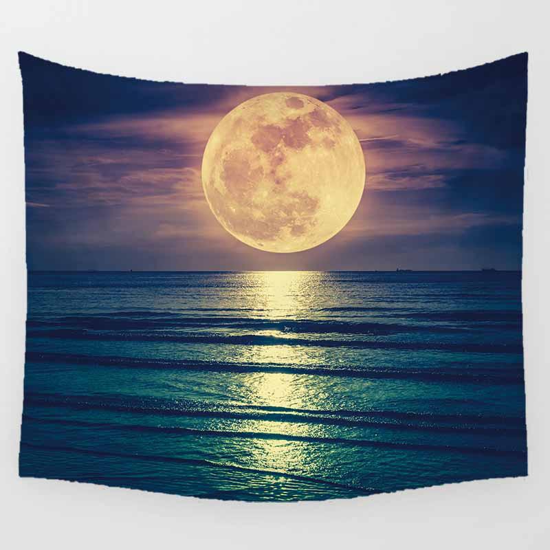 Красивый Ночной Лунный Морской Пляжный Пейзаж Настенное Искусство Гобелен Фон Декорация
