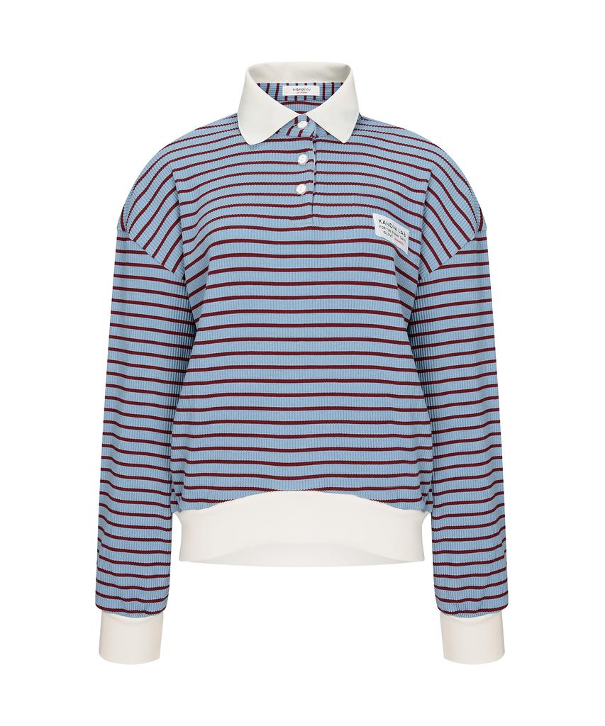 KANDINI Blue Striped Ribbed Polo Shirt