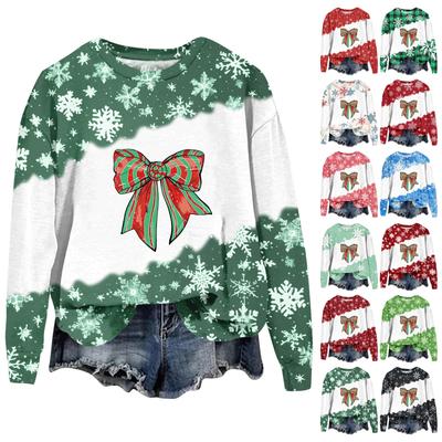Женская мода рождественский принт длинный рукав свободный круглый вырез толстовка топ осень