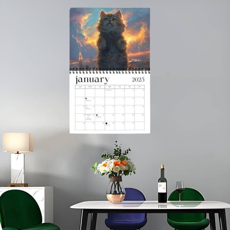 Adorable 2025 Cosmic Cat Wall Calendar With 12 Months Spiral Binding For Home Dcor