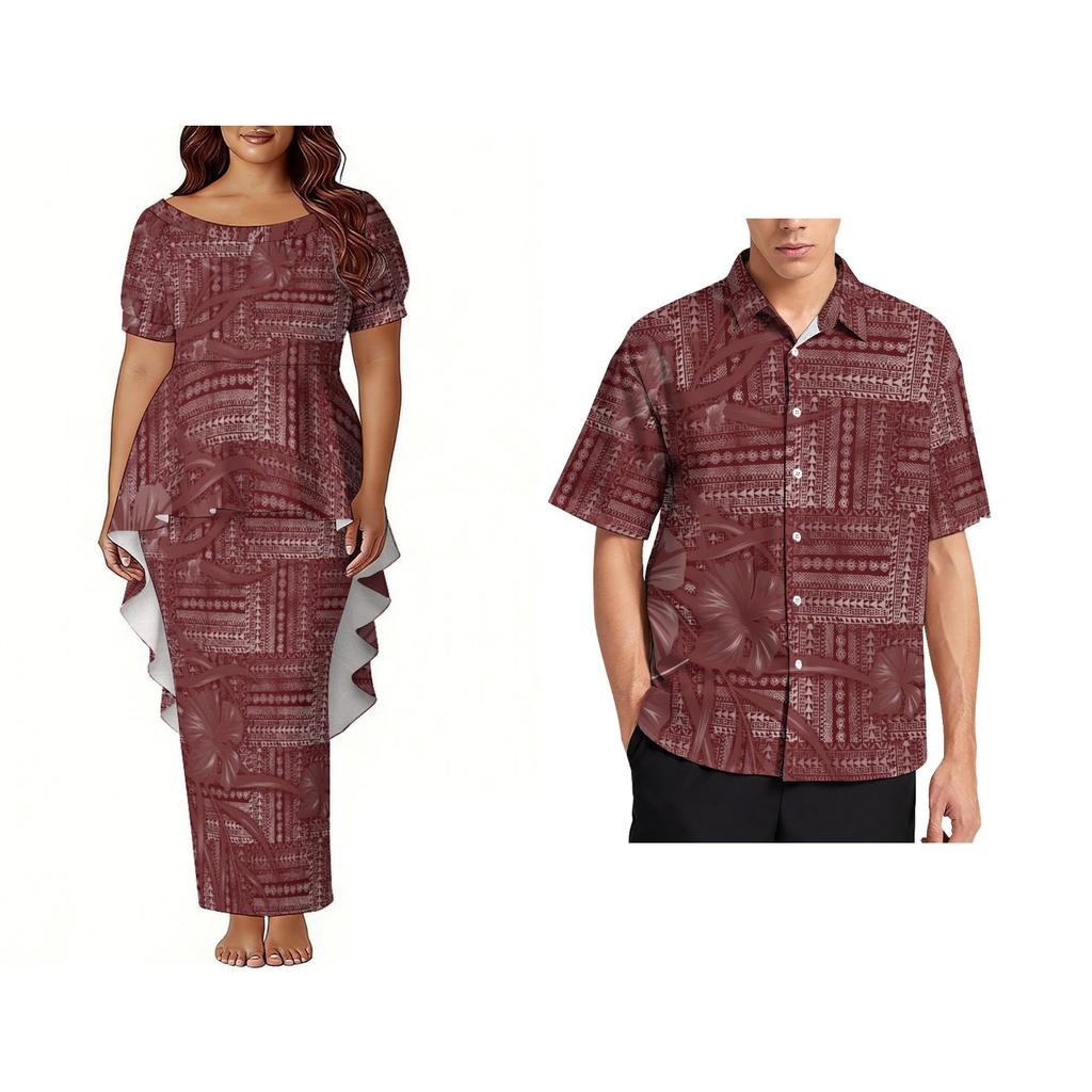 Custom Polynesian Bubble Short Sleeve Long Dress Lady Puletasi Dress Match Plus Size Men Stiff Neck Shirt Sets off Couples 2pcs