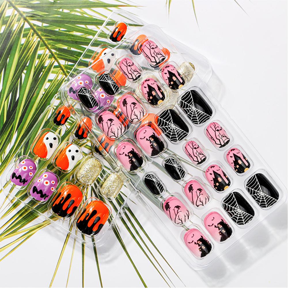 On Halloween Glue Self Bat Fire Nail Art Decorations Manicure Fake Nail Tips Short False Nails