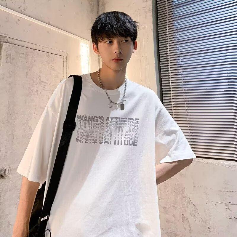 Новая летняя футболка с короткими рукавами для мужчин, тренд в корейском стиле, простой топ с короткими рукавами, свободная повседневная брендовая футболка в гонконгском стиле