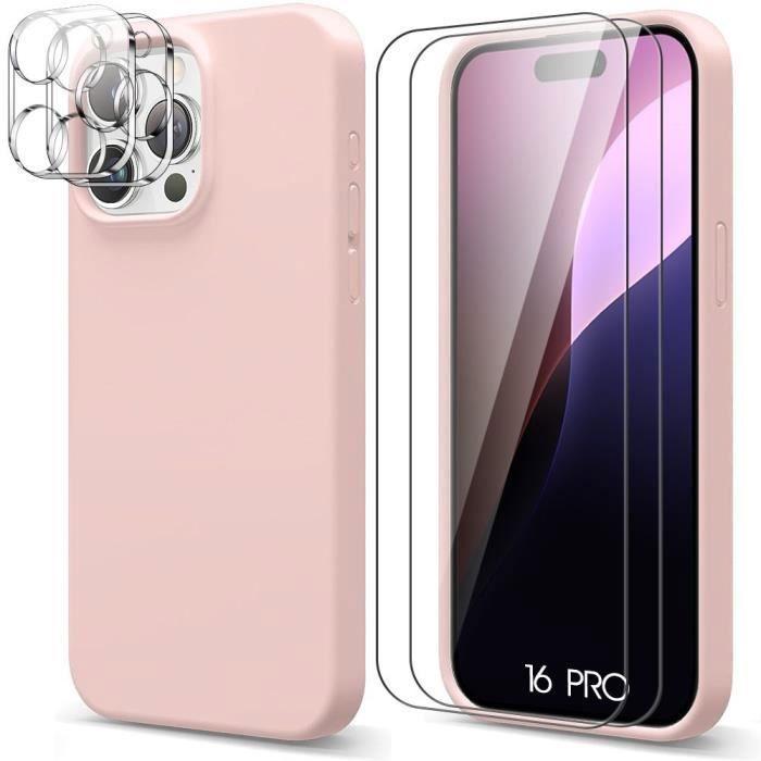 Coque de protection - BOOLING - pour iPhone 16 Pro - Silicone Liquide Rose - 2 Verres Trempés - Effet Mat