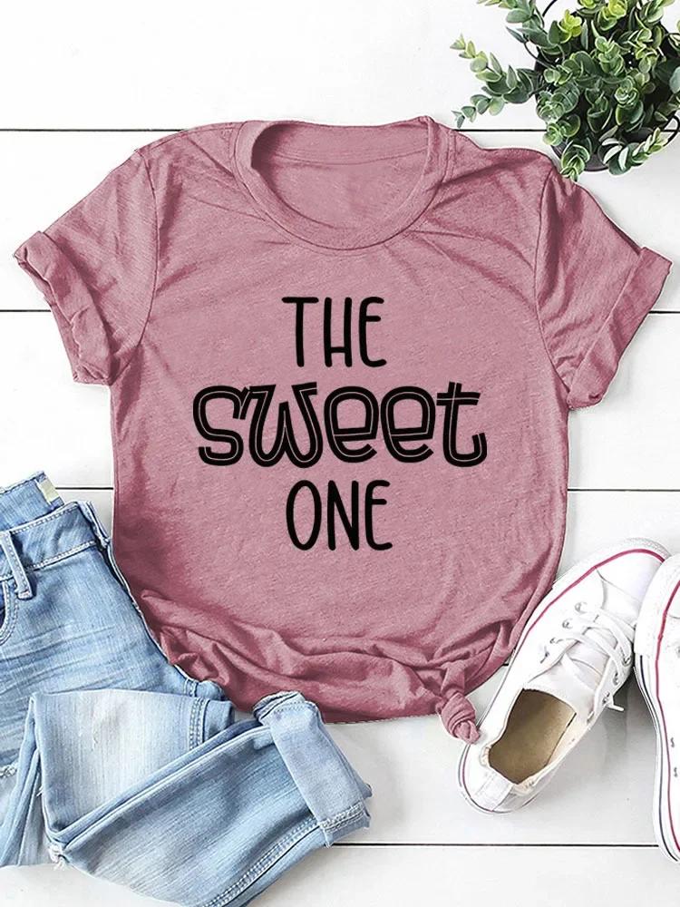 Женская футболка с принтом в виде буквы THE SWEET ONE и коротким рукавом с круглым вырезом, свободная женская футболка, женские футболки, топы, женские рубашки