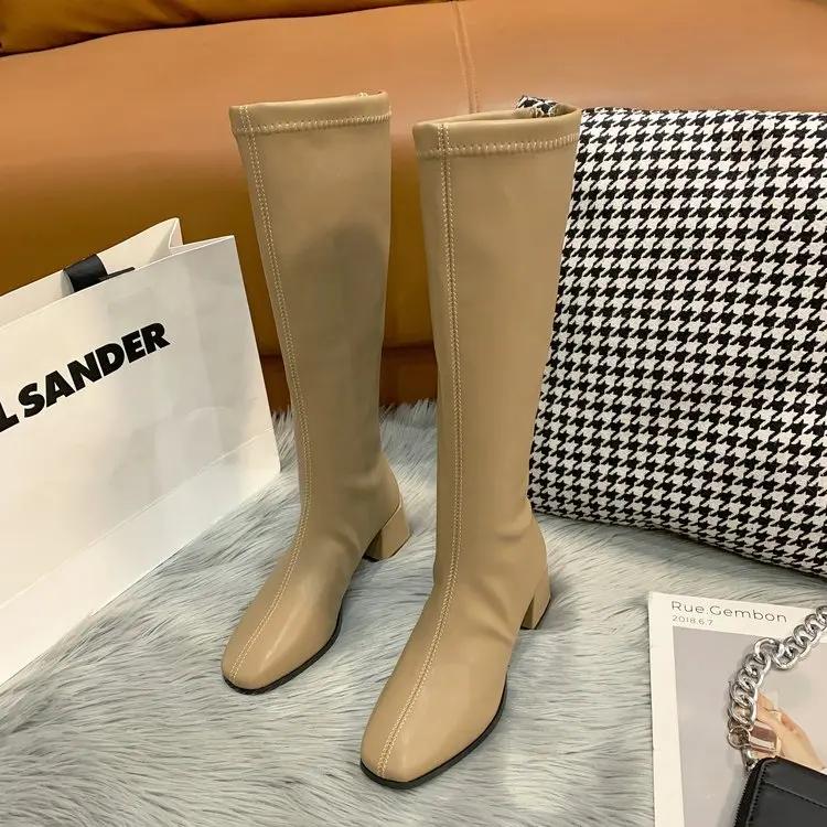 2024 Модные женские черные высокие каблуки-сапоги, новые зимние теплые сапоги до колена, мягкие кожаные сапоги до бедра