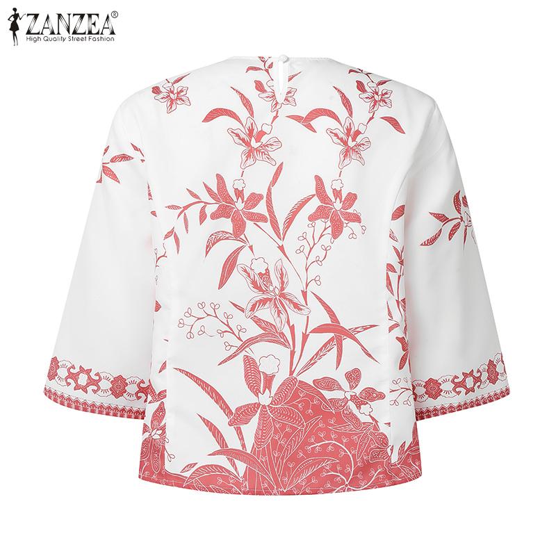 ZANZEA Women Casual Round Neck 3/4 Sleeve Loose Print Blouse