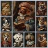 Interesting Gorgeous Dog Holding Book Reading Poster Aclassical Pet Artwork Prints Canvas Painting Wall Pictures Classroom Decor