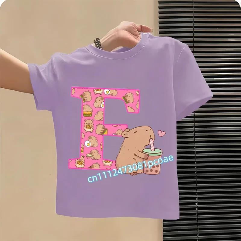 New Capibara Cute T-shirt Kids Anime Capybara Letter A-Z Tees Girls in Summer Short Sleeve Tops Children's Clothing Short Sleeve