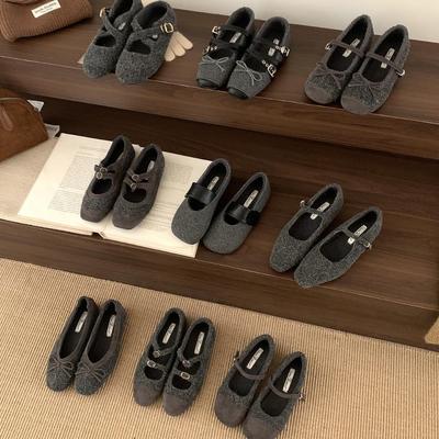 Ретро серые вечерние темпераментные балетки одинарки женские 2025 осень и зима новые французский бант туфли Мэри Джейн