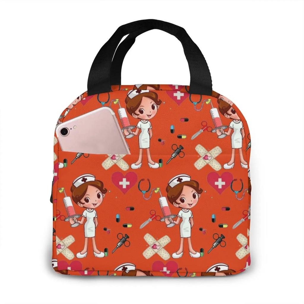 Travel Nurse Bag Insulated Lunch Bags Women Cartoon Nurse Print Food Case Cooler Warm Bento Box for Kids Lunch Box Picnic Bag