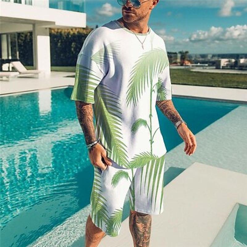 Муж. Шорты Комплект рубашки Футболка Инвентарь Графика Тропические растения Круглый вырез Одежда 3D-принт На открытом воздухе Повседневные С короткими рукавами 3D-принт 2 предмета