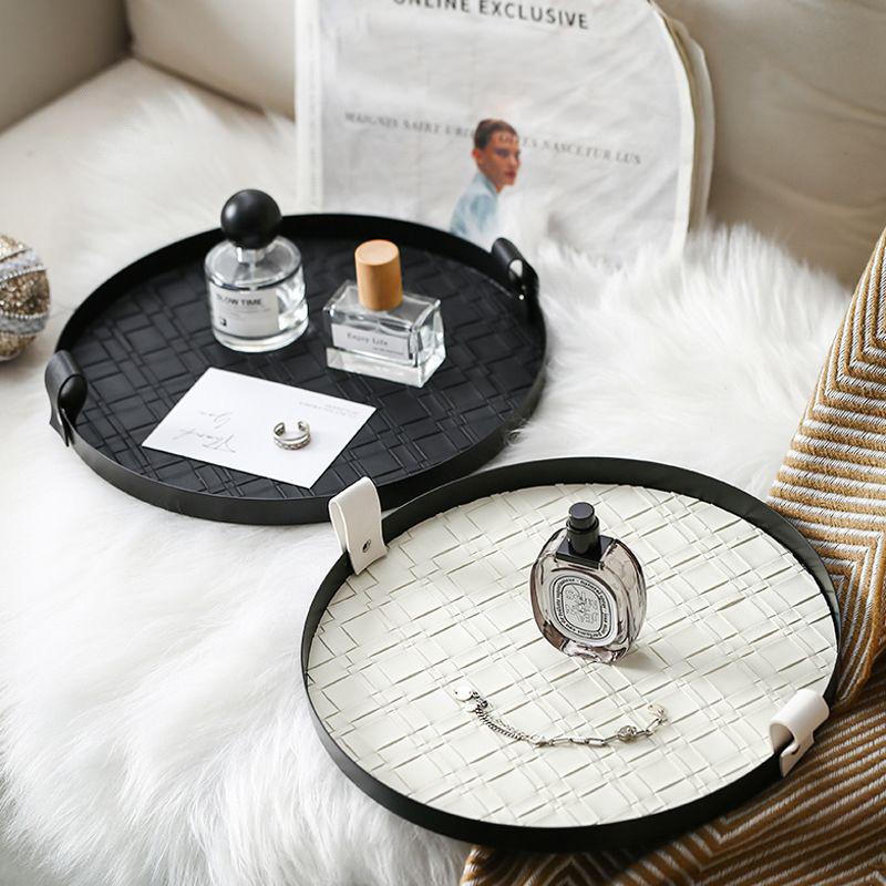 360° Rotatable Storage Tray | Premium Saddle Leather Desktop Organizer | Luxury Perfume & Cosmetics Display Plate with Handles