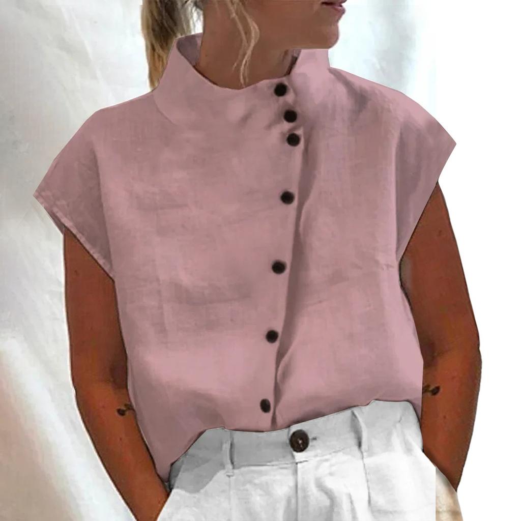 Women's Casual Solid Color Cotton Linen Standing Collar Button Short Sleeved Shirt