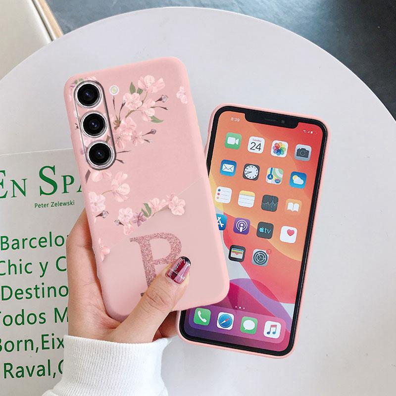 Initial Letter A Z Phone Case For Samsung Galaxy A55 A54 A56 A06 5G Cover Pink Flowers Soft Silicone Back Funda Coque TPU Bumper