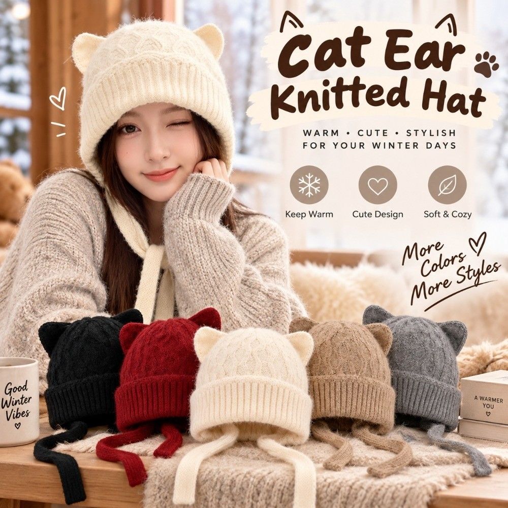 Warm Knitted Cat Ear Knit Hat 3D Cat Ear Head Cover Korean Style Soft Beanie Winter Commuting