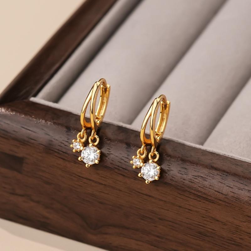 Fashion Jewelry 925 Sterling Silver Luxury Shiny Zircon Drop Hoop Earring Gold Plated Simple Design for Party Gift for Women