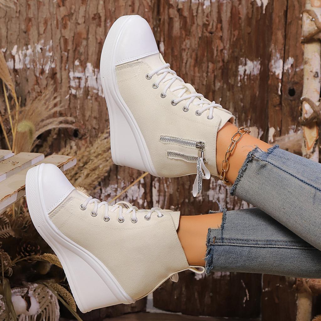 Fashion Wedge Side Zipper Increased High Breathable Sneakers 2025 New Women Lace-Up Platform Outdoor Wedge Invisible Heel Canvas Shoes