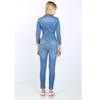 Women's Light Blue Jacket Collar Jean Jumpsuit Pants