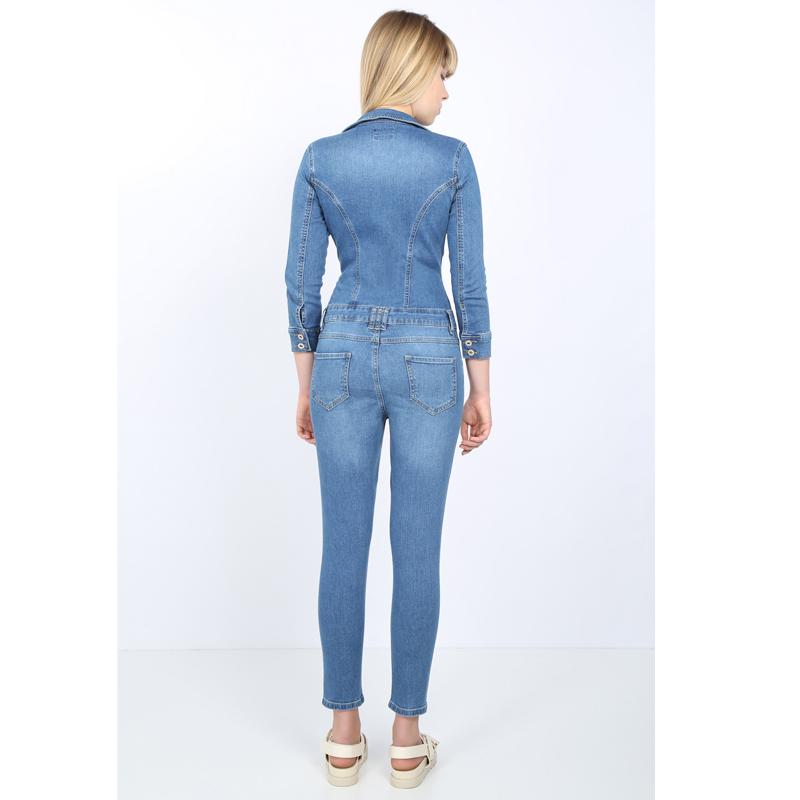 Women's Light Blue Jacket Collar Jean Jumpsuit Pants