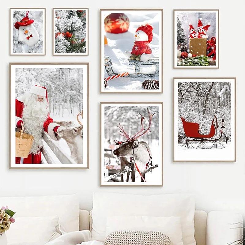 Веселый рождественский постер и печать снежные равнины олень Санта-Клаус рождественская елка настенная живопись холст для домашнего декора подарки