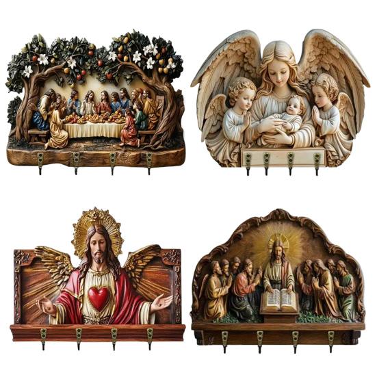 Wall Mount Key Holder Wooden Carving Jesus Themed Key Organizer Multi-purpose Home Office Entryway