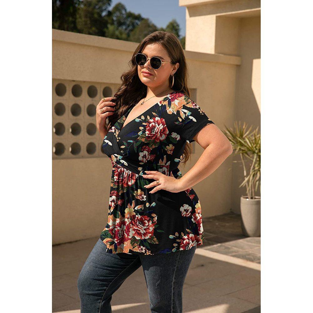 Plus Size Women's Spring and Summer V-neck Printed Short-sleeved T-shirt