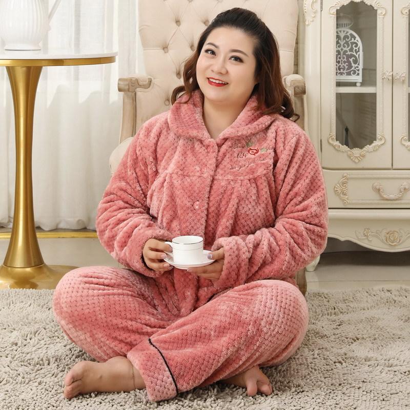 Fat MM Winter Long Sleeve Cardigan Thickened Flannel Pyjamas 5XL Older Plus Size Pyjamas Set