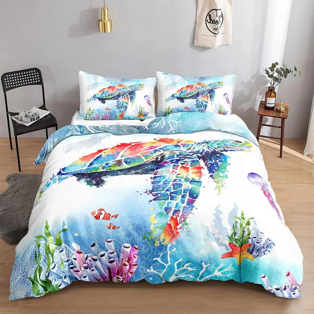 Sea Turtle Duvet Cover Set Full Size,octopus Seahorse Whale Bedding Set Teal Ocean Themed Mediterranean Style Beach Quilt Cover