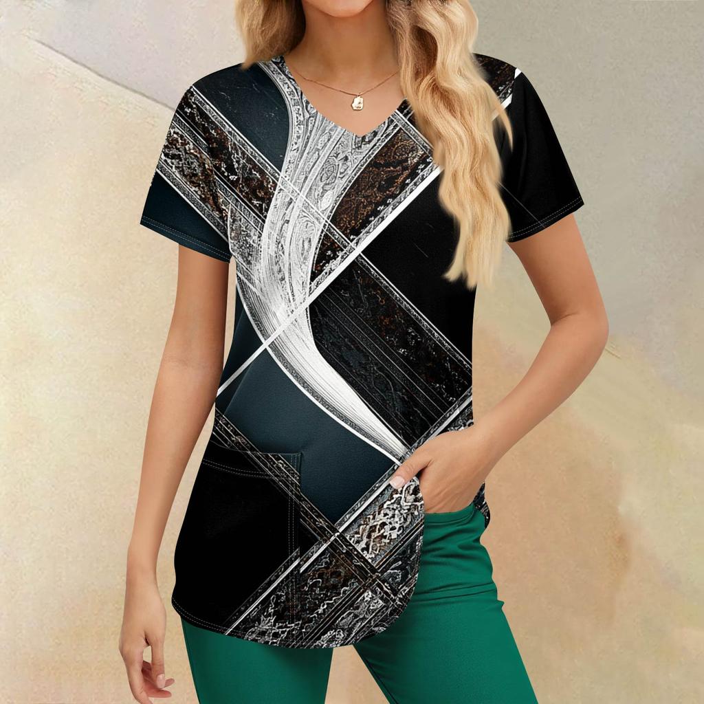 Plus Size Printed Scrub Working Uniform Tops For Women's V-Neck Print Short Sleeve Fun T-Shirts Workwear Tee With Pockets