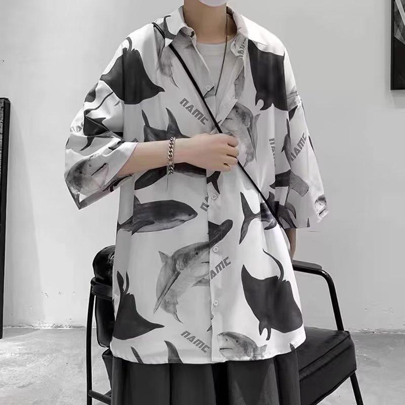 Модная новая рубашка в виде акулы, мужская летняя рубашка в гонконгском стиле, универсальная свободная рубашка с короткими рукавами и принтом в стиле хип-хоп, студенческая