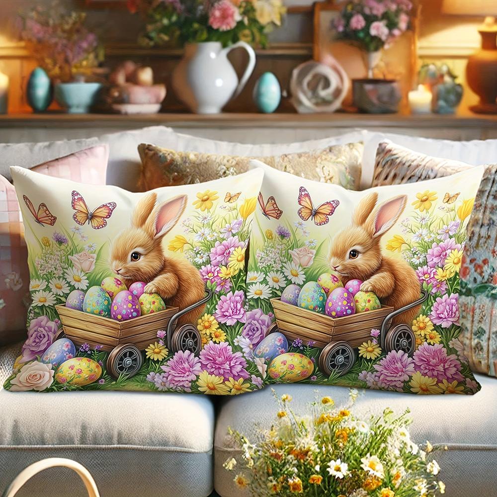 Short Plush Material Pillowcase2Pcs Cute Bunny Patterned Pillowcases Suitable For Easter And Farmhouse-Style Home Decor; Pillow