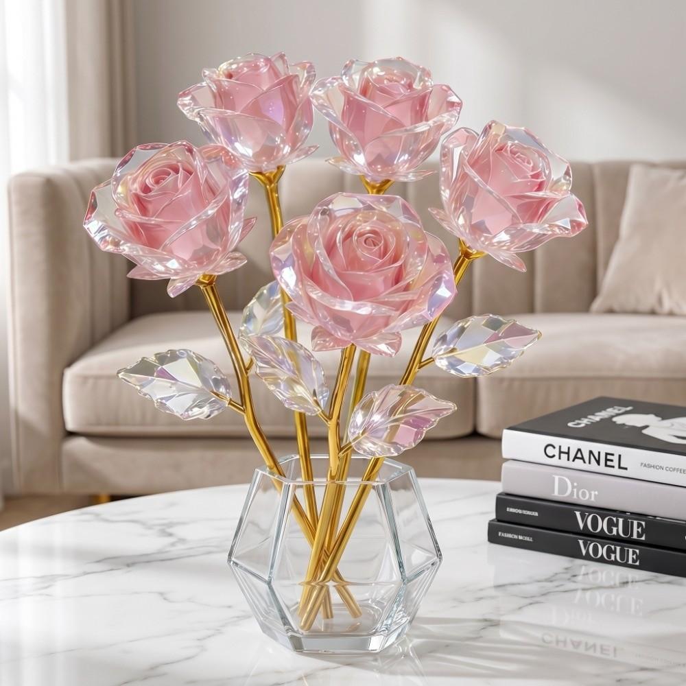 10Pcs Large Pink Leaf Roses Handcrafted Artificial Crystal Flowers Gold Rose Gift Birthday Gift