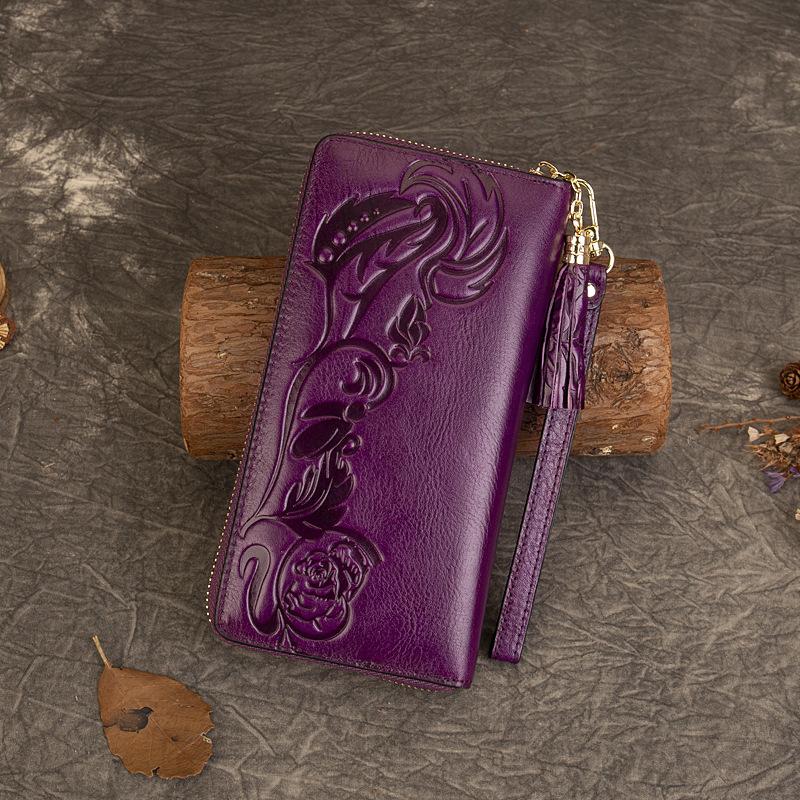 Кошелек ручной работы для женщин, большой емкости, первый слой из коровьей кожи, тисненый кошелек для монет, сумка для удостоверения личности с несколькими карточками